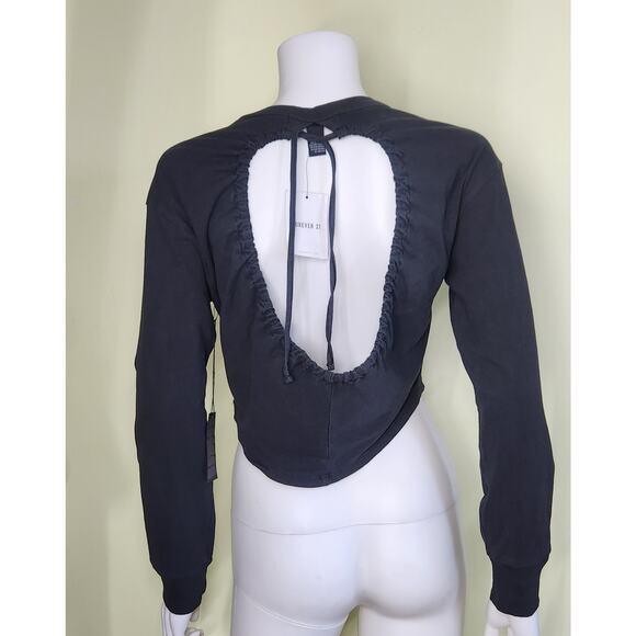 Forever 21 Logo Long Sleeve Crop Top Size Small Black Backless Graphic Casual - Picture 4 of 8